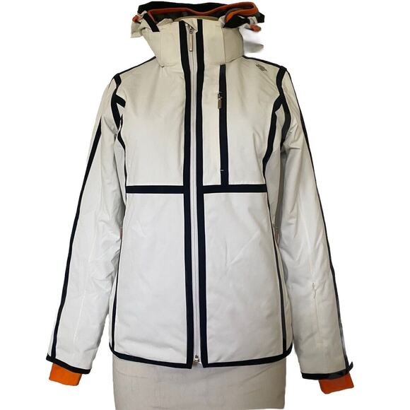 Descente Women's Ski Jacket Puffer White Black Stripe Hood Motion 3D Heat Navi S - Picture 1 of 13